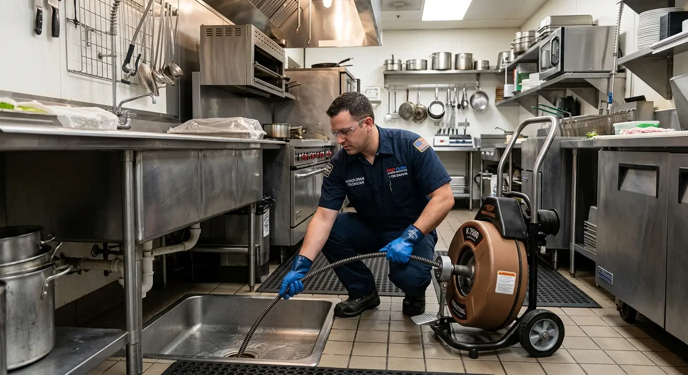 Commercial drain cleaning service in a restaurant kitchen in West Carson