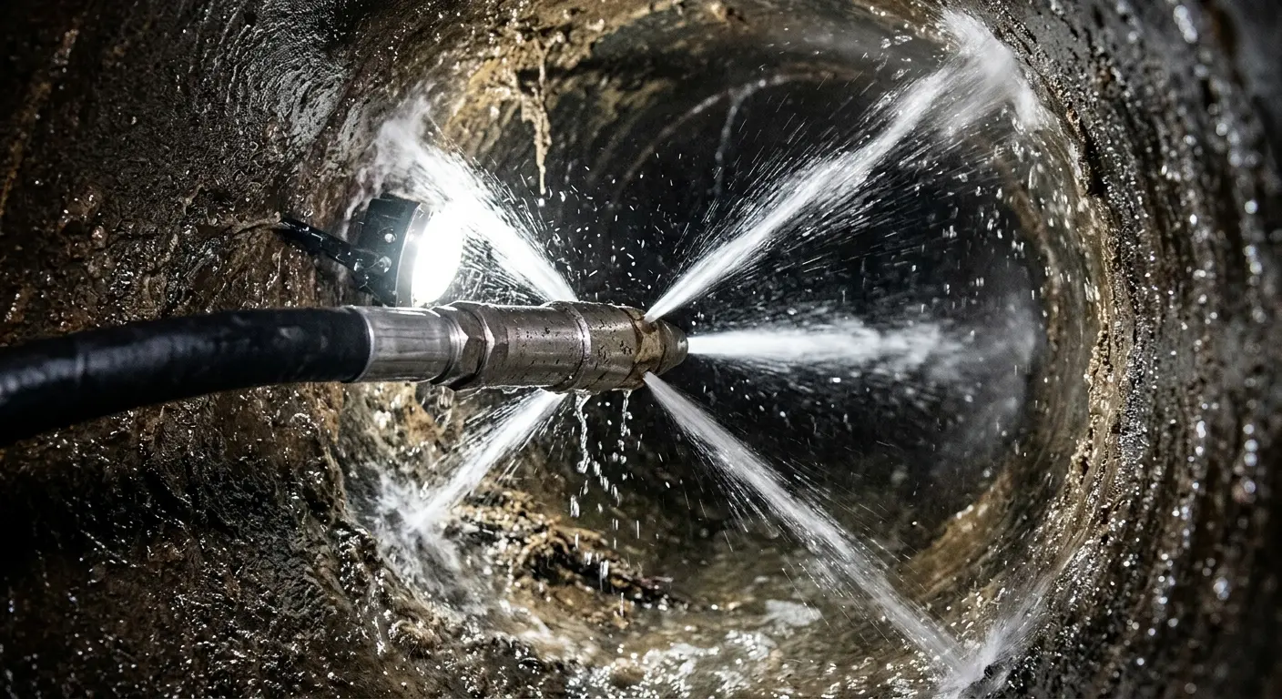 High-pressure hydro jetting nozzle cleaning sewer pipe for Sewer Line Relining in West Carson