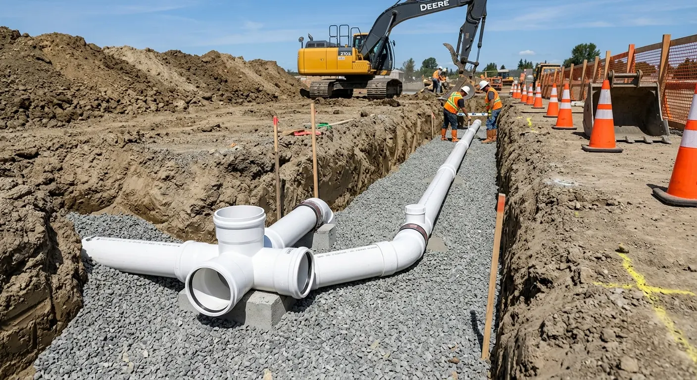New PVC sewer pipe installation in open trench for Commercial Drain Cleaning in West Carson