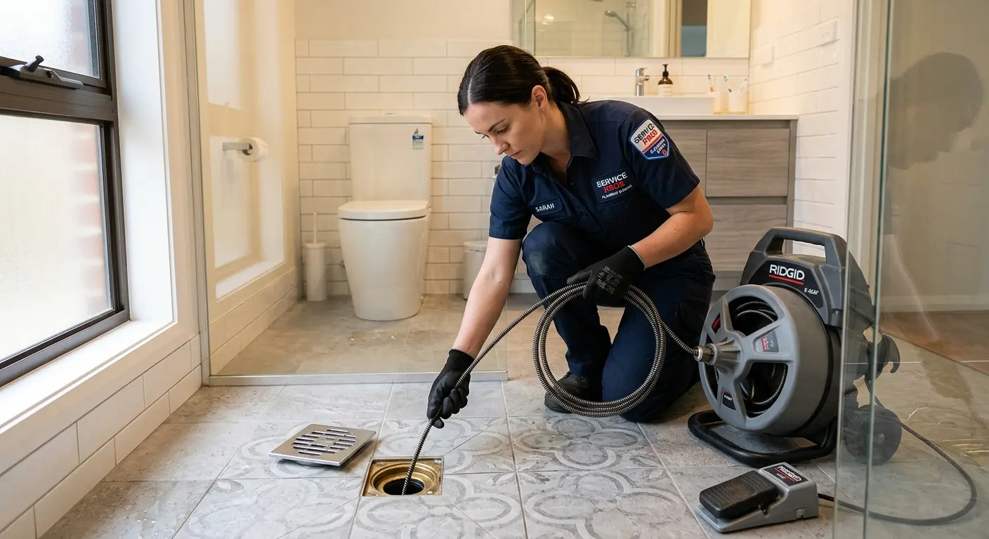 Technician clearing a bathroom floor drain for Sewer Line Installation in West Carson
